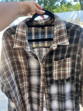Papermoon Plaid Button-Up Shirt in Brown, Black & Cream